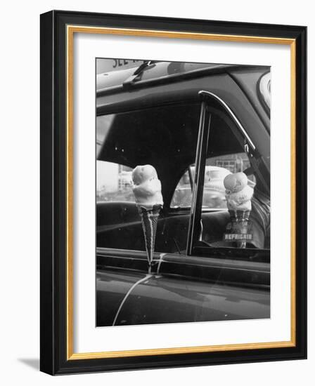 Ice Cream Cone Melting Outside Rolled Up Window of Air Conditioned Car-John Dominis-Framed Photographic Print