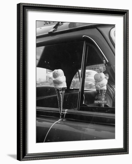 Ice Cream Cone Melting Outside Rolled Up Window of Air Conditioned Car-John Dominis-Framed Photographic Print