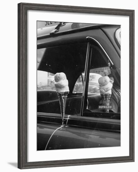 Ice Cream Cone Melting Outside Rolled Up Window of Air Conditioned Car-John Dominis-Framed Photographic Print