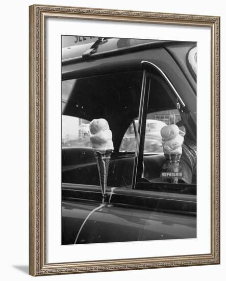 Ice Cream Cone Melting Outside Rolled Up Window of Air Conditioned Car-John Dominis-Framed Photographic Print