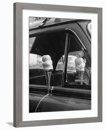 Ice Cream Cone Melting Outside Rolled Up Window of Air Conditioned Car-John Dominis-Framed Photographic Print