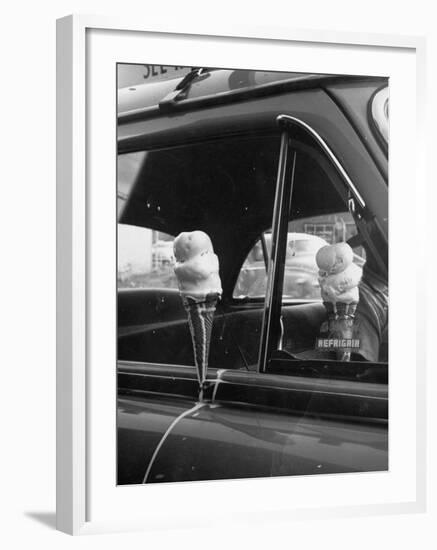 Ice Cream Cone Melting Outside Rolled Up Window of Air Conditioned Car-John Dominis-Framed Photographic Print