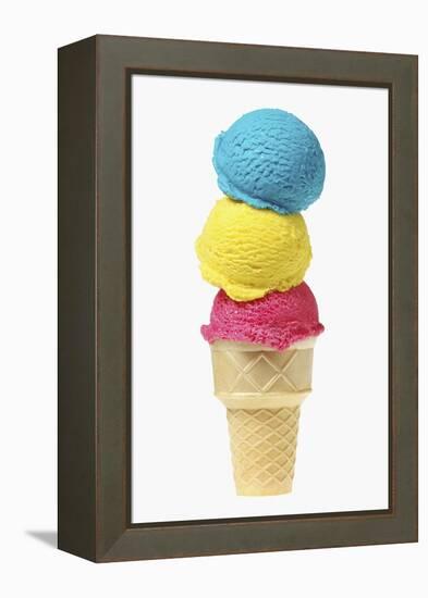Ice Cream Cone with Scoops of Different Coloured Ice Cream-Kai Stiepel-Framed Premier Image Canvas