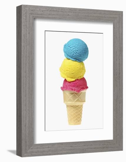 Ice Cream Cone with Scoops of Different Coloured Ice Cream-Kai Stiepel-Framed Photographic Print