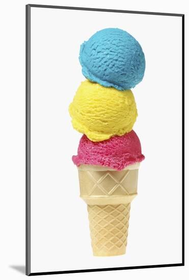 Ice Cream Cone with Scoops of Different Coloured Ice Cream-Kai Stiepel-Mounted Photographic Print