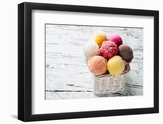 Ice Cream Scoops on Wooden Table, Close-Up.-Kesu01-Framed Photographic Print