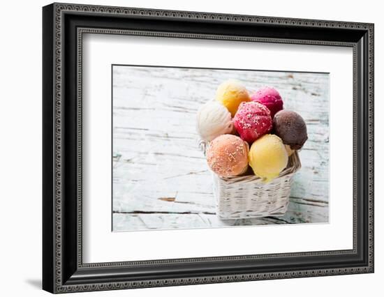 Ice Cream Scoops on Wooden Table, Close-Up.-Kesu01-Framed Photographic Print