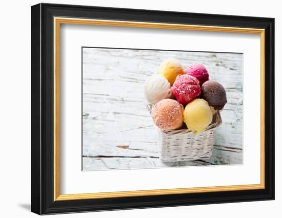 Ice Cream Scoops on Wooden Table, Close-Up.-Kesu01-Framed Photographic Print