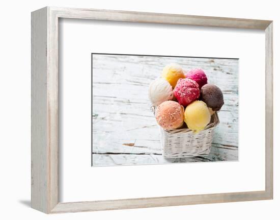 Ice Cream Scoops on Wooden Table, Close-Up.-Kesu01-Framed Photographic Print