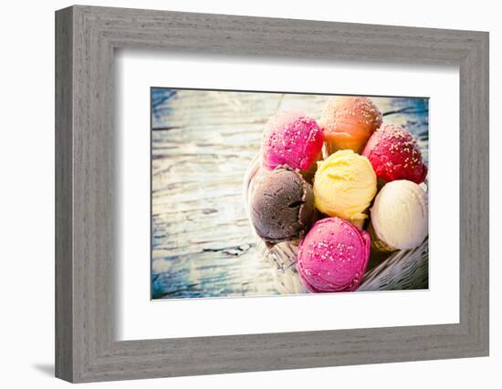 Ice Cream Scoops on Wooden Table, Close-Up.-Kesu01-Framed Photographic Print