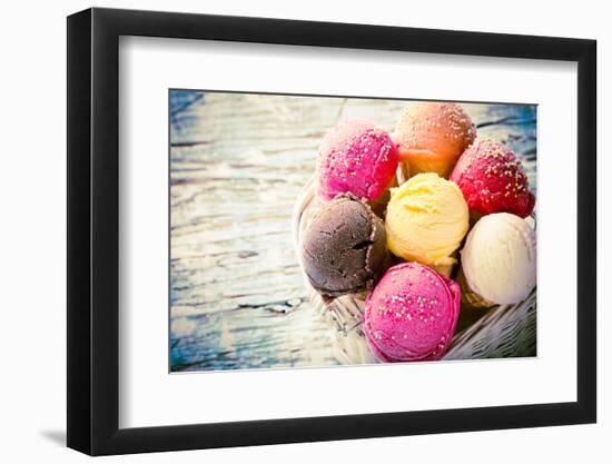 Ice Cream Scoops on Wooden Table, Close-Up.-Kesu01-Framed Photographic Print