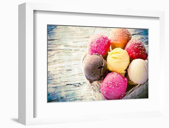 Ice Cream Scoops on Wooden Table, Close-Up.-Kesu01-Framed Photographic Print