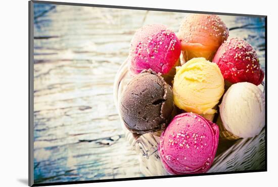 Ice Cream Scoops on Wooden Table, Close-Up.-Kesu01-Mounted Photographic Print