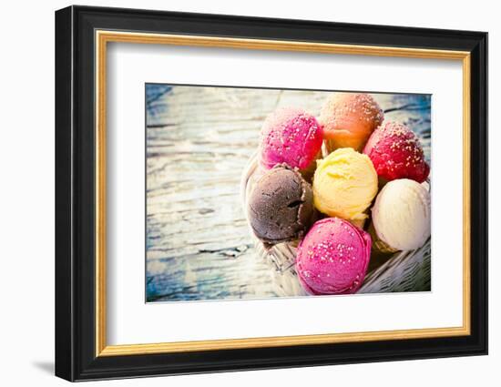 Ice Cream Scoops on Wooden Table, Close-Up.-Kesu01-Framed Photographic Print