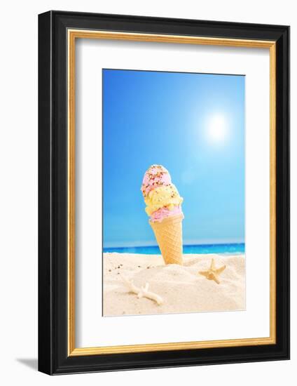Ice Cream Stuck in Sand on a Sunny Tropical Beach with the Sky in the Background-buso23-Framed Photographic Print