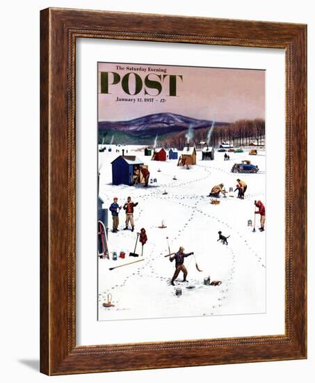 "Ice Fishing Camp" Saturday Evening Post Cover, January 12, 1957-Stevan Dohanos-Framed Giclee Print