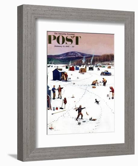 "Ice Fishing Camp" Saturday Evening Post Cover, January 12, 1957-Stevan Dohanos-Framed Giclee Print