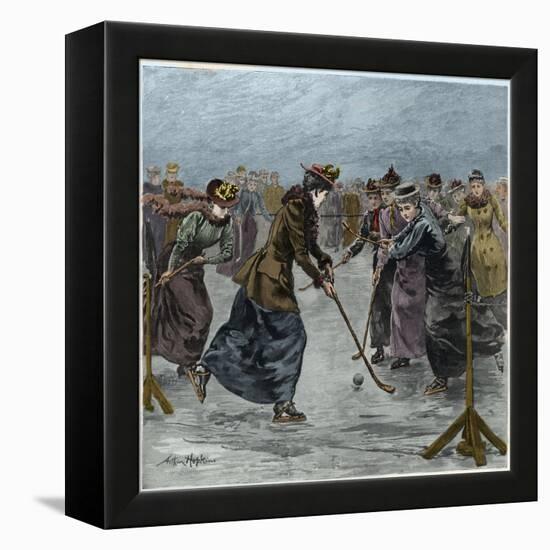 Ice Hockey : a ladies match on the lake in Wimbledon Park (later colouration)-Arthur Hopkins-Framed Premier Image Canvas