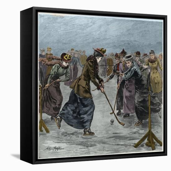 Ice Hockey : a ladies match on the lake in Wimbledon Park (later colouration)-Arthur Hopkins-Framed Premier Image Canvas