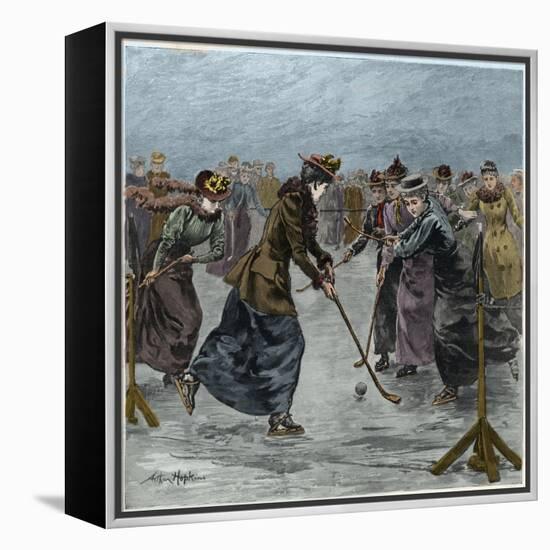 Ice Hockey : a ladies match on the lake in Wimbledon Park (later colouration)-Arthur Hopkins-Framed Premier Image Canvas