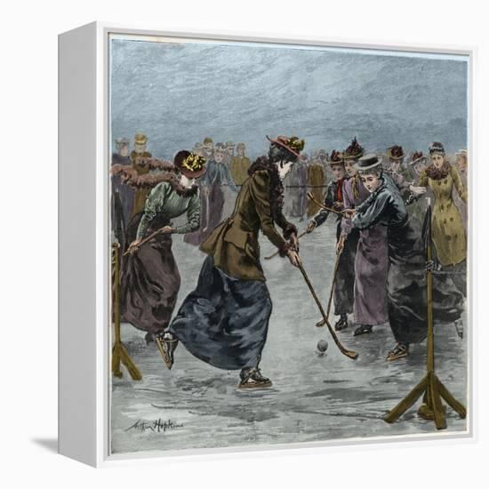 Ice Hockey : a ladies match on the lake in Wimbledon Park (later colouration)-Arthur Hopkins-Framed Premier Image Canvas