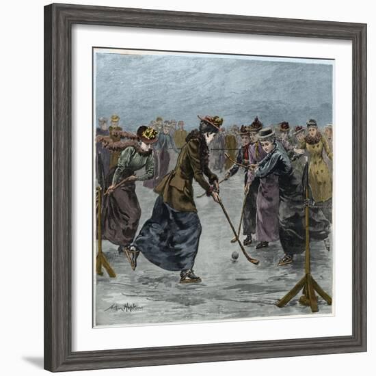 Ice Hockey : a ladies match on the lake in Wimbledon Park (later colouration)-Arthur Hopkins-Framed Giclee Print