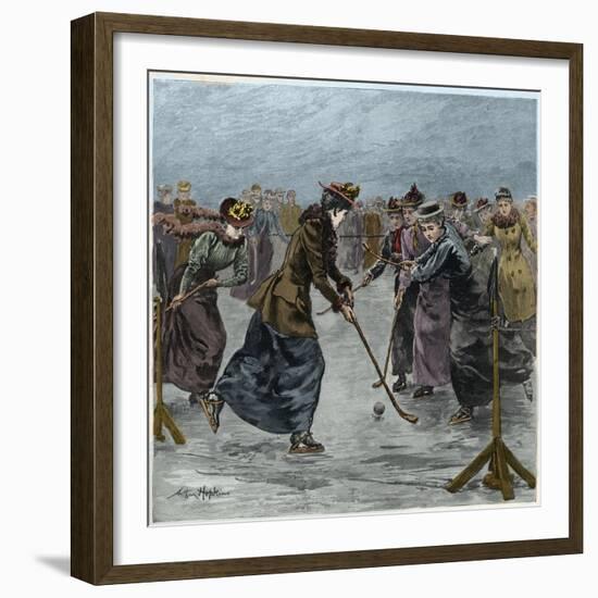 Ice Hockey : a ladies match on the lake in Wimbledon Park (later colouration)-Arthur Hopkins-Framed Giclee Print