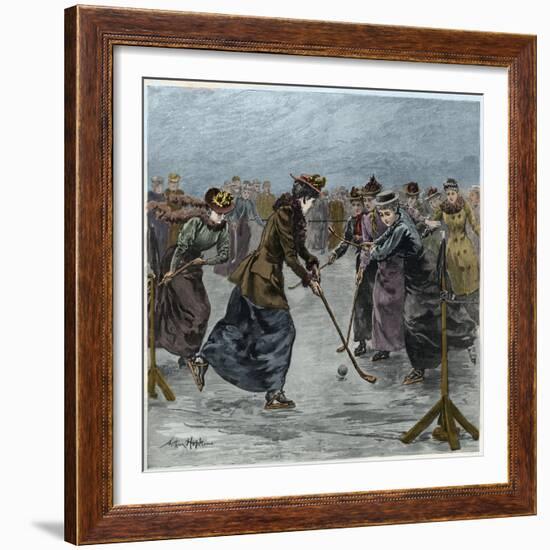 Ice Hockey : a ladies match on the lake in Wimbledon Park (later colouration)-Arthur Hopkins-Framed Giclee Print