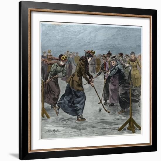 Ice Hockey : a ladies match on the lake in Wimbledon Park (later colouration)-Arthur Hopkins-Framed Giclee Print