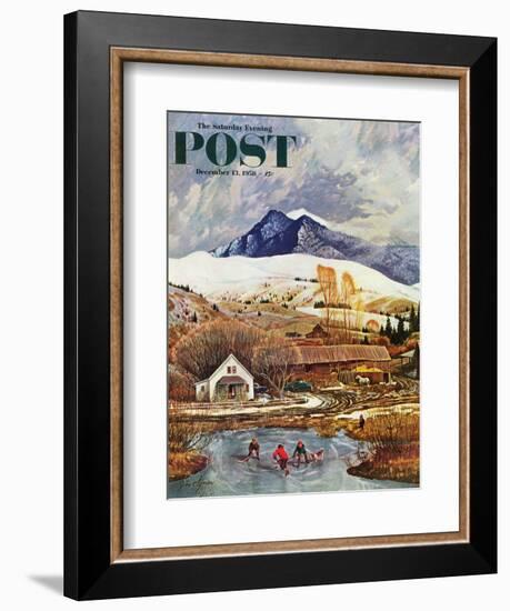 "Ice Hockey on Mountain Pond" Saturday Evening Post Cover, December 13, 1958-John Clymer-Framed Giclee Print