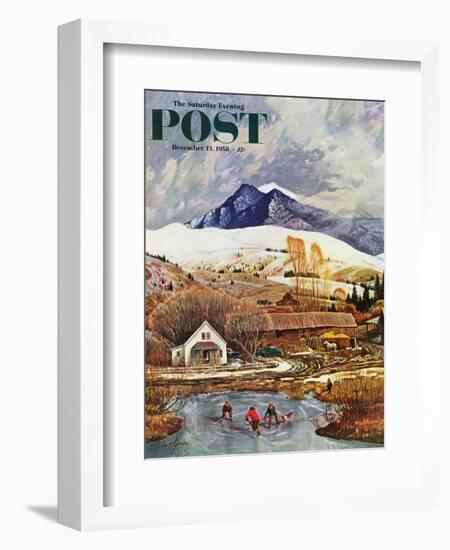 "Ice Hockey on Mountain Pond" Saturday Evening Post Cover, December 13, 1958-John Clymer-Framed Giclee Print