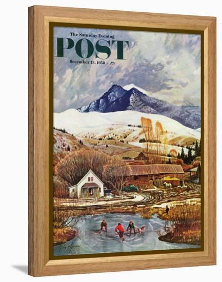 "Ice Hockey on Mountain Pond" Saturday Evening Post Cover, December 13, 1958-John Clymer-Framed Premier Image Canvas
