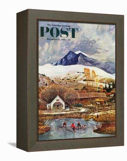 "Ice Hockey on Mountain Pond" Saturday Evening Post Cover, December 13, 1958-John Clymer-Framed Premier Image Canvas