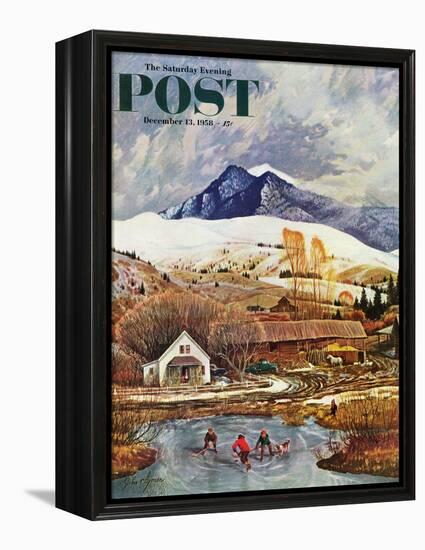 "Ice Hockey on Mountain Pond" Saturday Evening Post Cover, December 13, 1958-John Clymer-Framed Premier Image Canvas