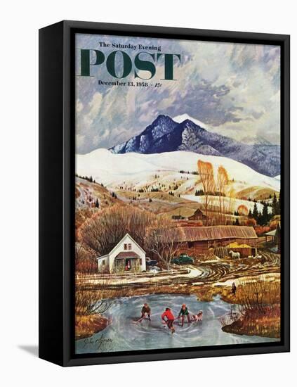 "Ice Hockey on Mountain Pond" Saturday Evening Post Cover, December 13, 1958-John Clymer-Framed Premier Image Canvas