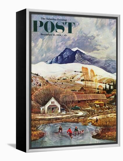 "Ice Hockey on Mountain Pond" Saturday Evening Post Cover, December 13, 1958-John Clymer-Framed Premier Image Canvas