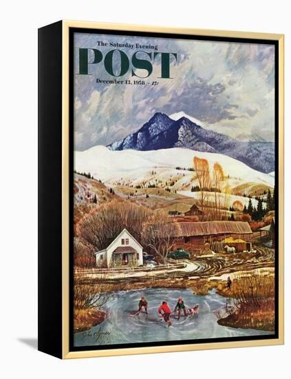 "Ice Hockey on Mountain Pond" Saturday Evening Post Cover, December 13, 1958-John Clymer-Framed Premier Image Canvas