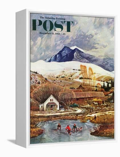 "Ice Hockey on Mountain Pond" Saturday Evening Post Cover, December 13, 1958-John Clymer-Framed Premier Image Canvas