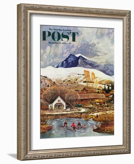 "Ice Hockey on Mountain Pond" Saturday Evening Post Cover, December 13, 1958-John Clymer-Framed Giclee Print