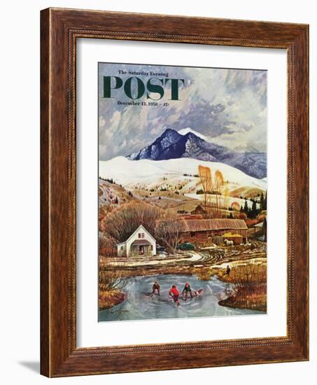 "Ice Hockey on Mountain Pond" Saturday Evening Post Cover, December 13, 1958-John Clymer-Framed Giclee Print