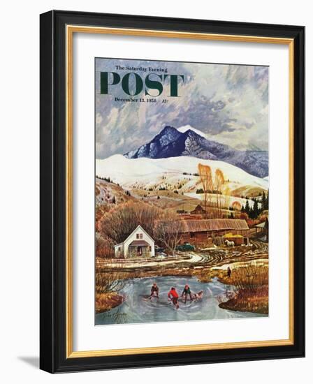 "Ice Hockey on Mountain Pond" Saturday Evening Post Cover, December 13, 1958-John Clymer-Framed Giclee Print