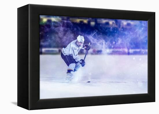 Ice Hockey Player in Action Kicking with Stick-dotshock-Framed Premier Image Canvas