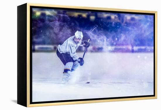 Ice Hockey Player in Action Kicking with Stick-dotshock-Framed Premier Image Canvas