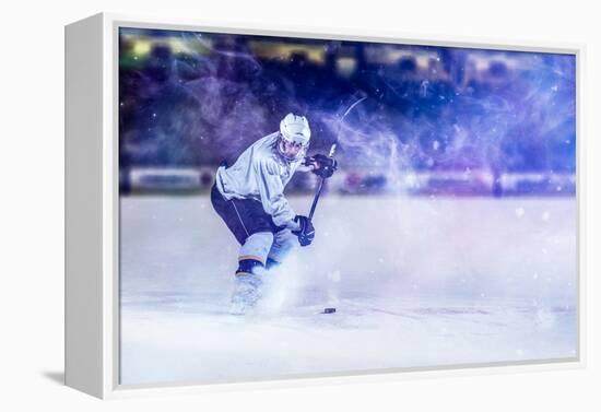 Ice Hockey Player in Action Kicking with Stick-dotshock-Framed Premier Image Canvas