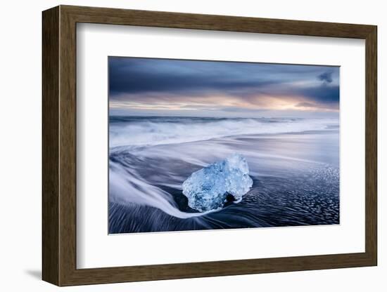 Ice on black volcanic sand with waves, Jokulsarlon, Iceland-Ross Hoddinott-Framed Photographic Print