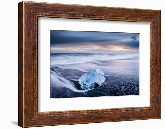 Ice on black volcanic sand with waves, Jokulsarlon, Iceland-Ross Hoddinott-Framed Photographic Print