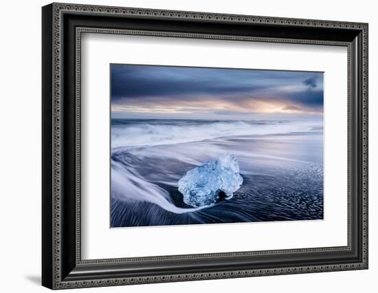 Ice on black volcanic sand with waves, Jokulsarlon, Iceland-Ross Hoddinott-Framed Photographic Print