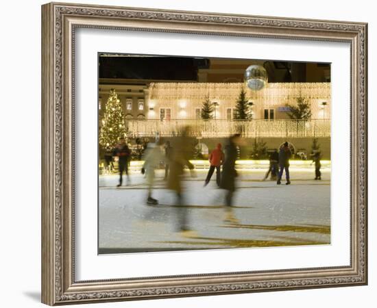 Ice Skating at Night on Ice Rink at Mozartplatz Square, Salzburg, Austria, Europe-Richard Nebesky-Framed Photographic Print