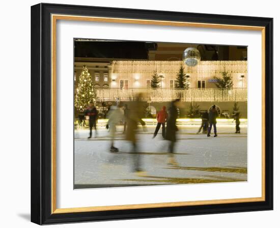 Ice Skating at Night on Ice Rink at Mozartplatz Square, Salzburg, Austria, Europe-Richard Nebesky-Framed Photographic Print