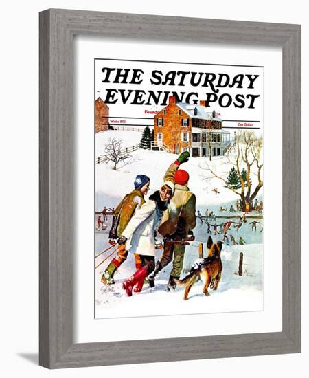 "Ice-Skating in the Country," Saturday Evening Post Cover, December 1, 1971-John Falter-Framed Giclee Print